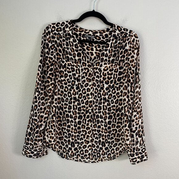 Express Womens XS Leopard Animal Print Button Up Shirt Blouse Roll Tab Sleeve - Picture 1 of 8